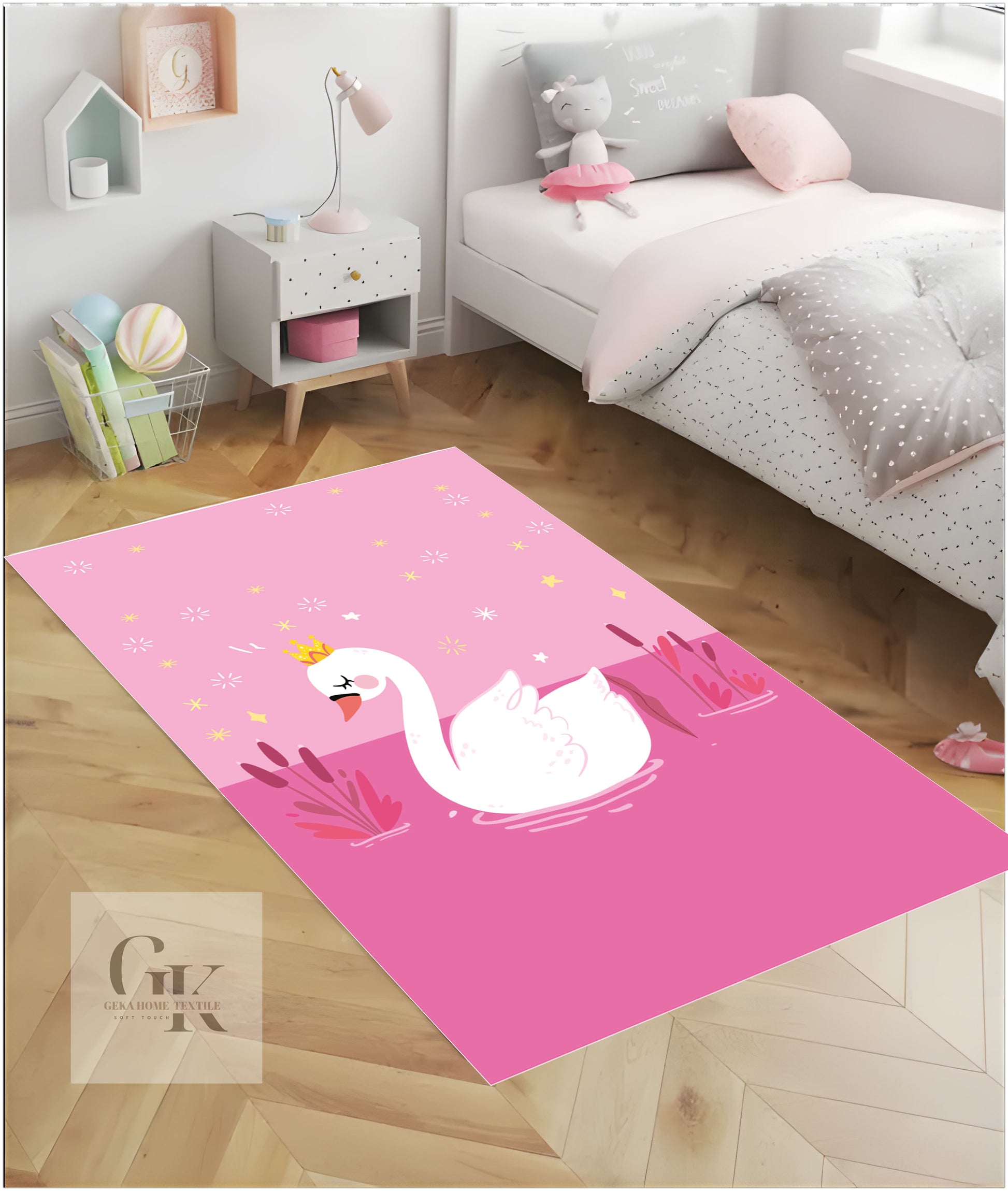 Beyaz Kuğulu Pembe Desenli Bebek-Çocuk halısı (HL26)