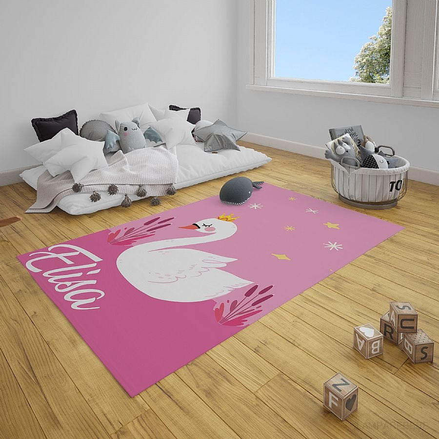 Beyaz Kuğulu Pembe Desenli Bebek-Çocuk halısı (HL26)